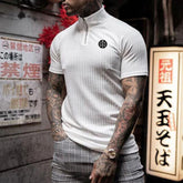 Hearujoy Mens Casual Slim Fit Stretch Knit Short Sleeve Tops Genderless 2024 New Shaping Fitness Streetwear High Neck Zipper Shirt Unisex